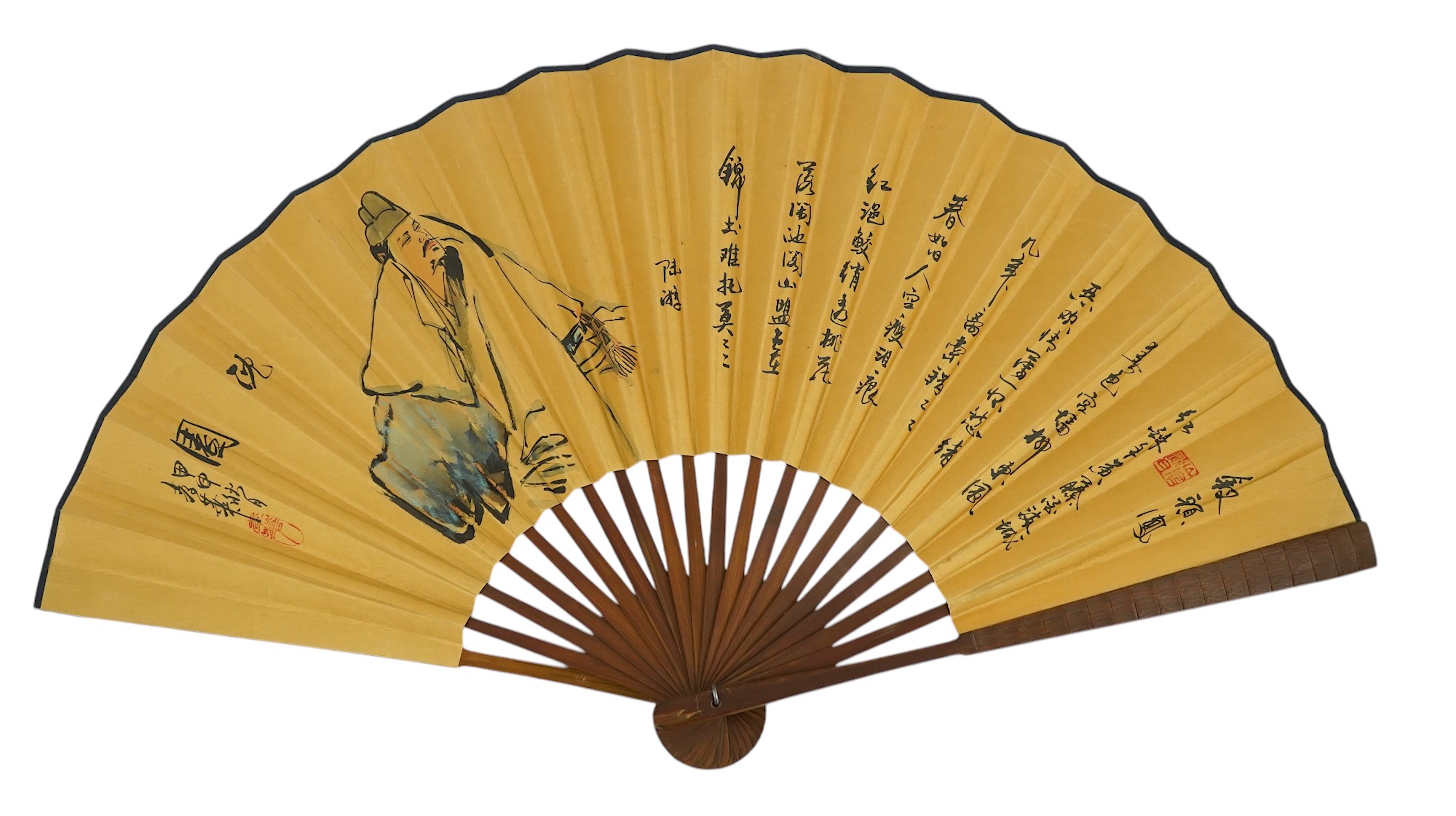 A fine Chinese sandalwood brise fan with finely carved sticks and guards, together with a mid 20th century silk calligraphic poetry LuYou fan, brise fan 38cm wide. Condition - minute damage to carving on one stick, sanda